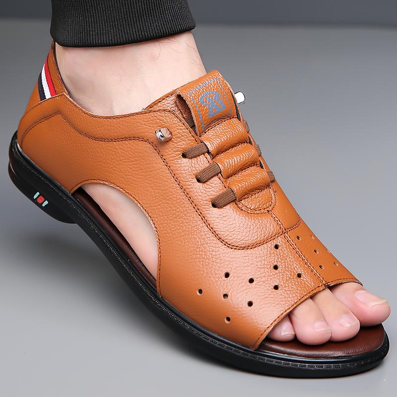 Fashion Breathable Men Casual Leather Shoes Outdoor Beach Sandals Quick Dry Non-Slip Summer Shoes Open-toe Male Casual Loafers Sneakers
