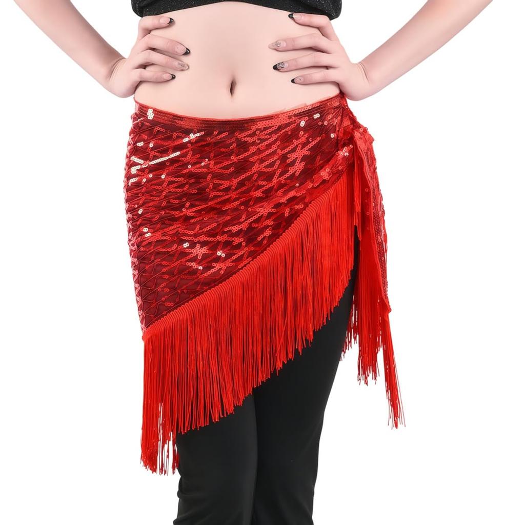 Getrays Sequin Tassel Ballroom Dance Shiny Hip Scarf Music Practice Wear Women's Skirt, Costume, Skirt, Sparkly, Modern, Latin, Tango, Samba,