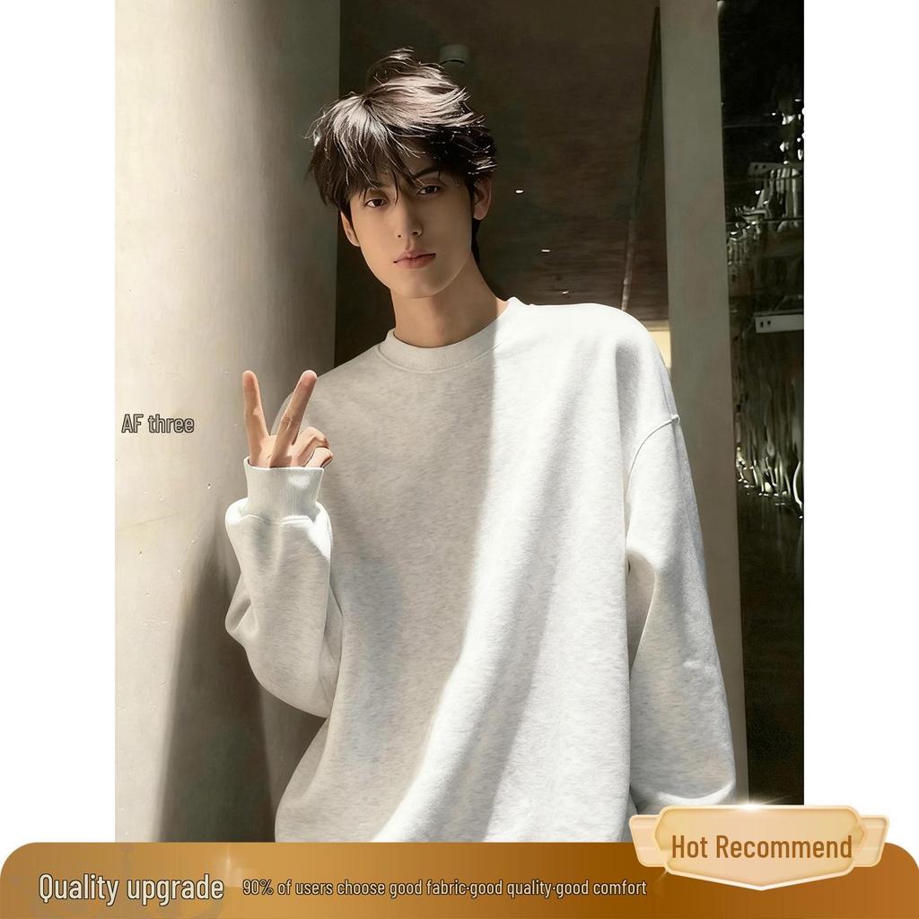 Men's Heavyweight White-Gray Fleece Hoodie: Autumn/Winter Loose Fit, Round Neck Long-Sleeve Pullover