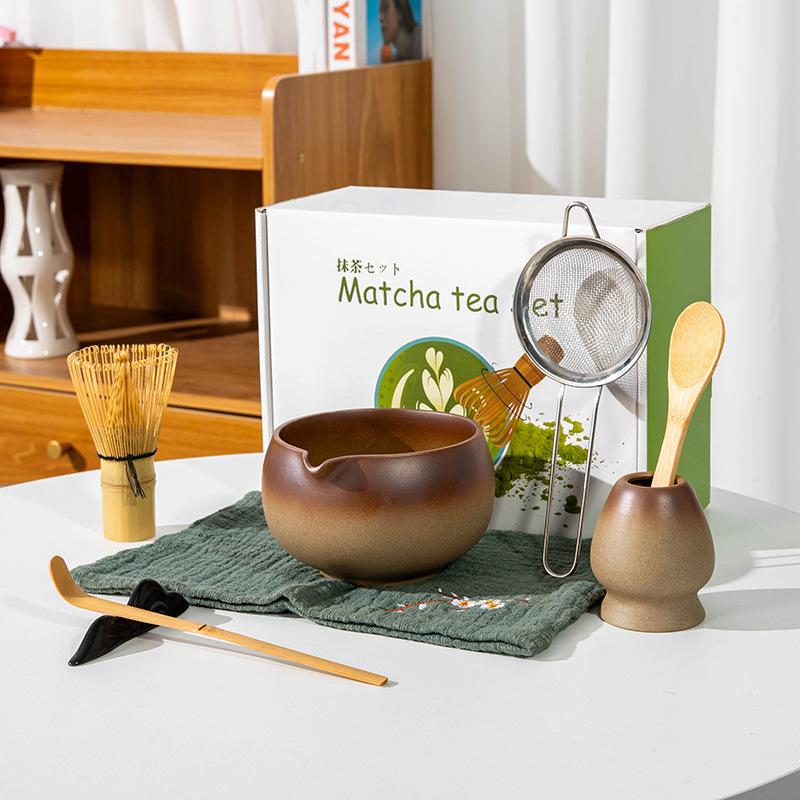 5-8pcs INS coarse pottery gradual change color tea stand matcha bowl set to order tea retro Matcha whisk set of tea tools