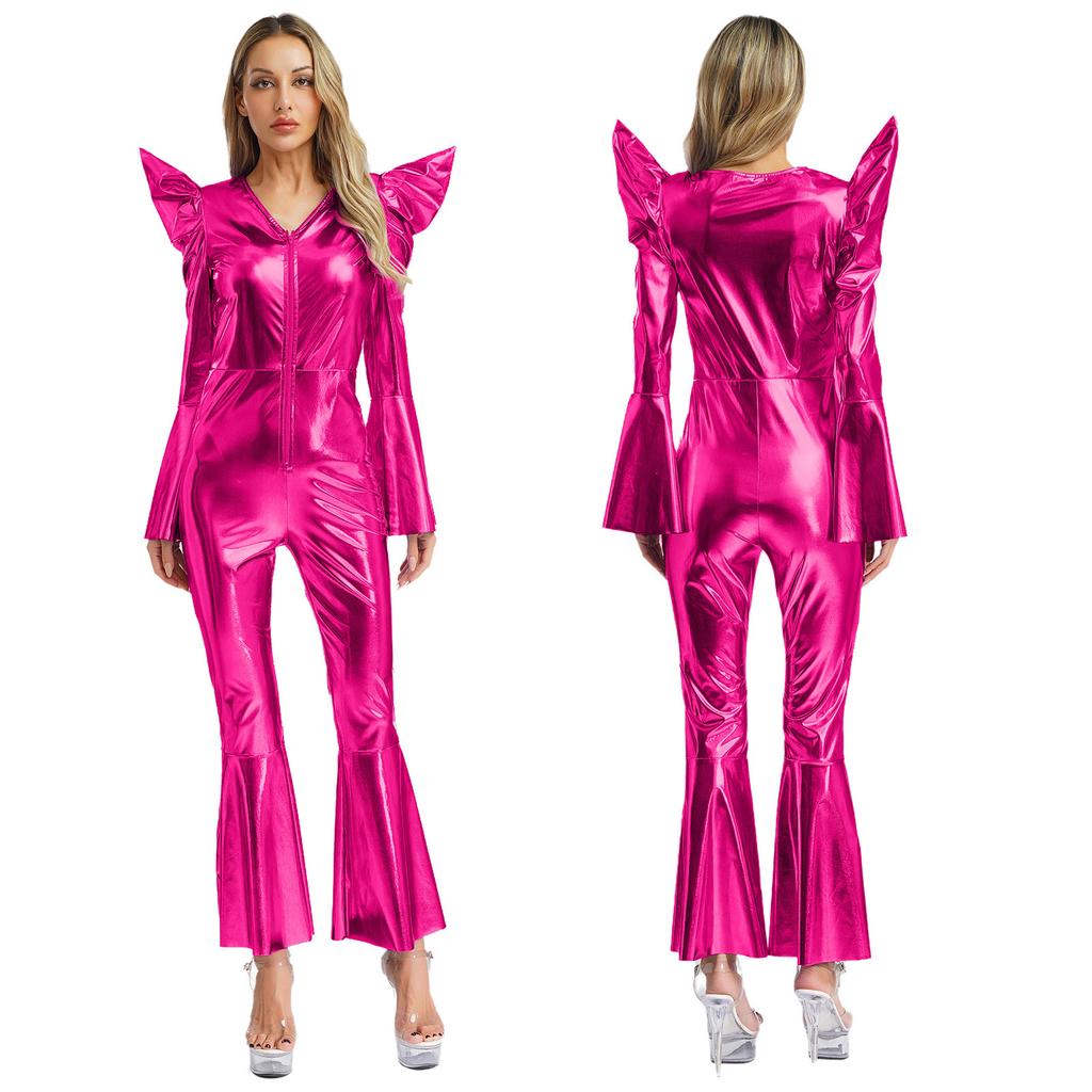 S-3XL Women‘s Disco Jumpsuit Halloween Costume: Shiny Metallic Long Sleeve High Waist Romper with Bell Bottoms & Front Zip