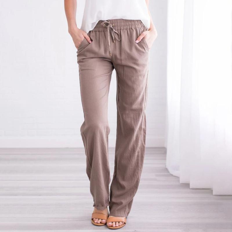 Spring and Summer Women's Fashion Solid Colour Cotton and Linen Drawstring Loose Casual Wide Leg Trousers