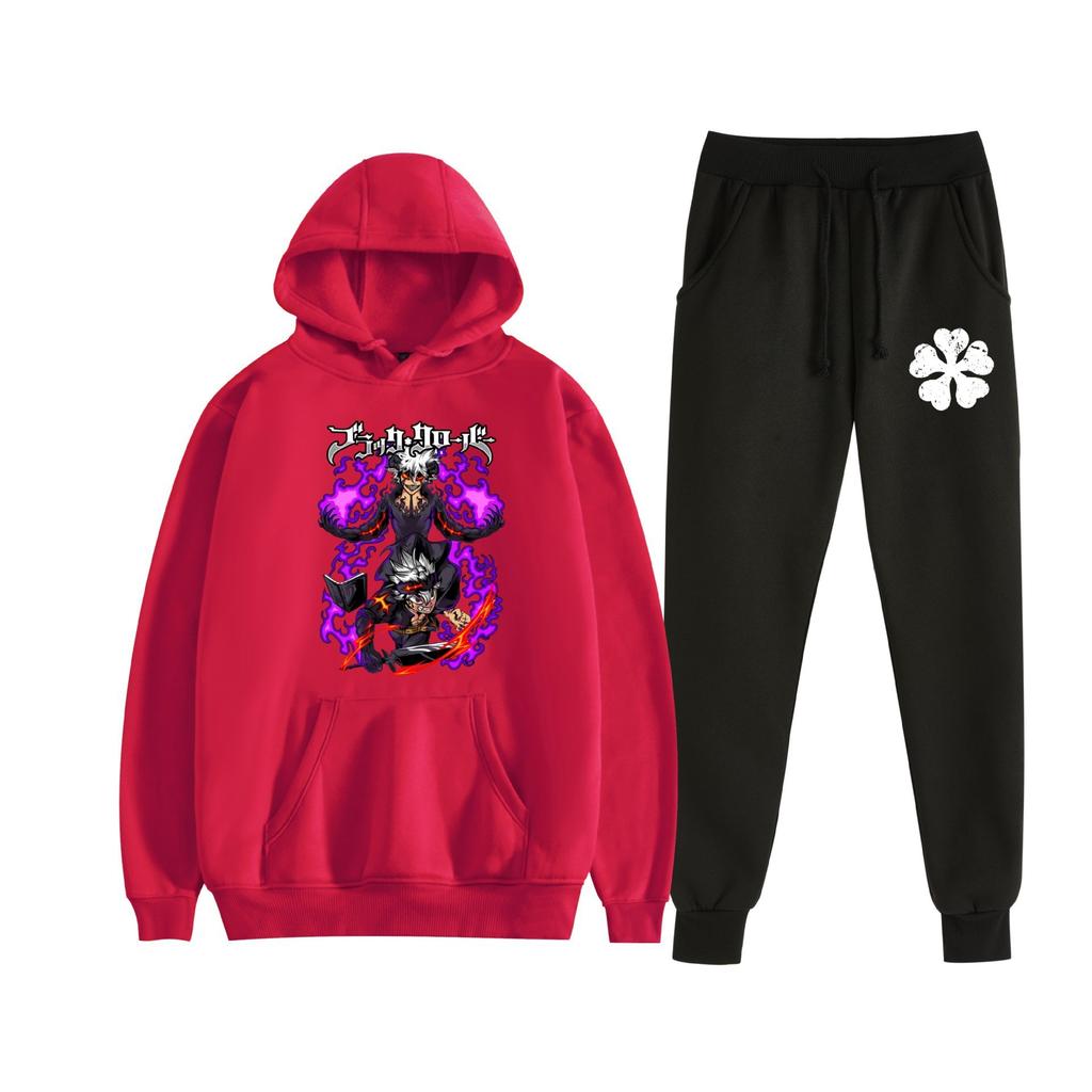Europe, America, Autumn and Winter Black Four-leaf Clover Peripheral Two-dimensional Men's and Women's Leisure Sports Fleece Hooded Sweater Set 