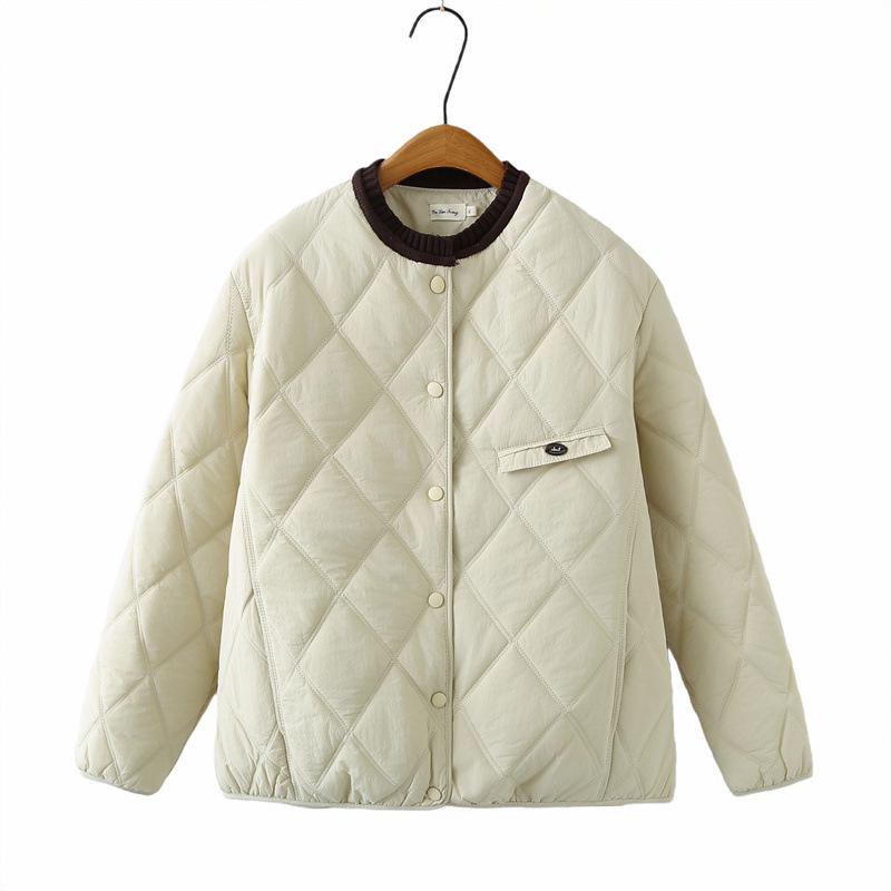 

2025 Autumn/Winter Women s Plus Size Slimming Cotton Jacket with Knit Collar and Diamond Pattern – Versatile and Simple Design for Girls. XL абрикосовий