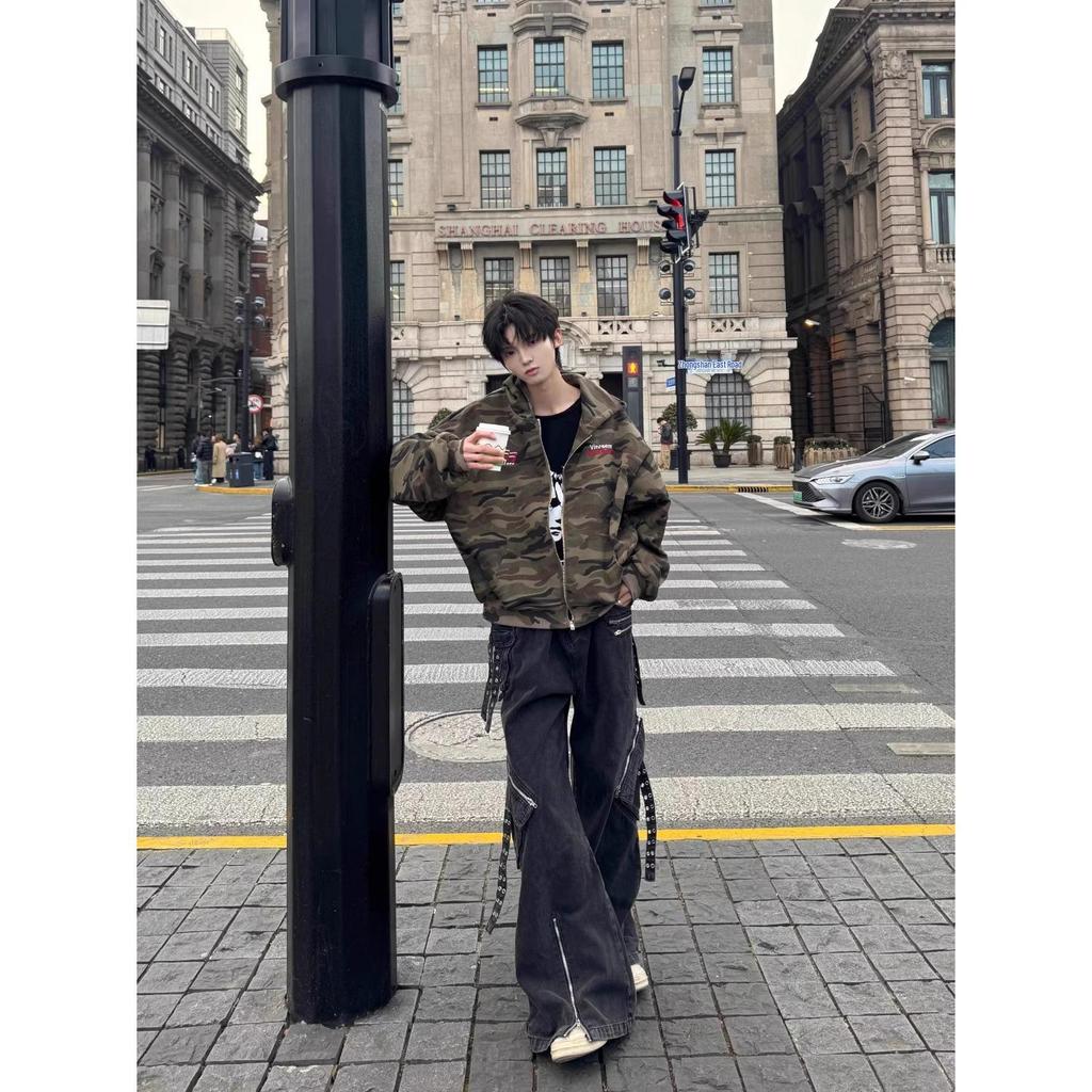 Unisex Trendy Punk Camouflage Embroidered Hooded Sweatshirt for Autumn/Winter - Cool Loose-Fit Versatile Jacket.