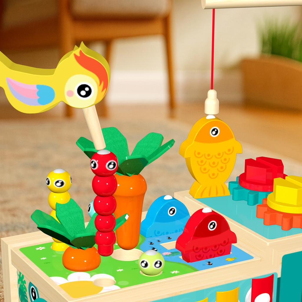Wooden Farm Truck Multifunctional Toy - Shape Sorting Fishing And Bead Maze Suitable For Early Educational Toys For Toddlers