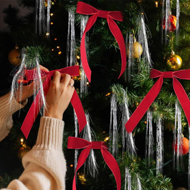 24pcs Slender Velvet Christmas Bows Vintage DIY Christmas Tree Ribbon Bow with Cable Tie Gift Wrapping Bows Wedding Decorations