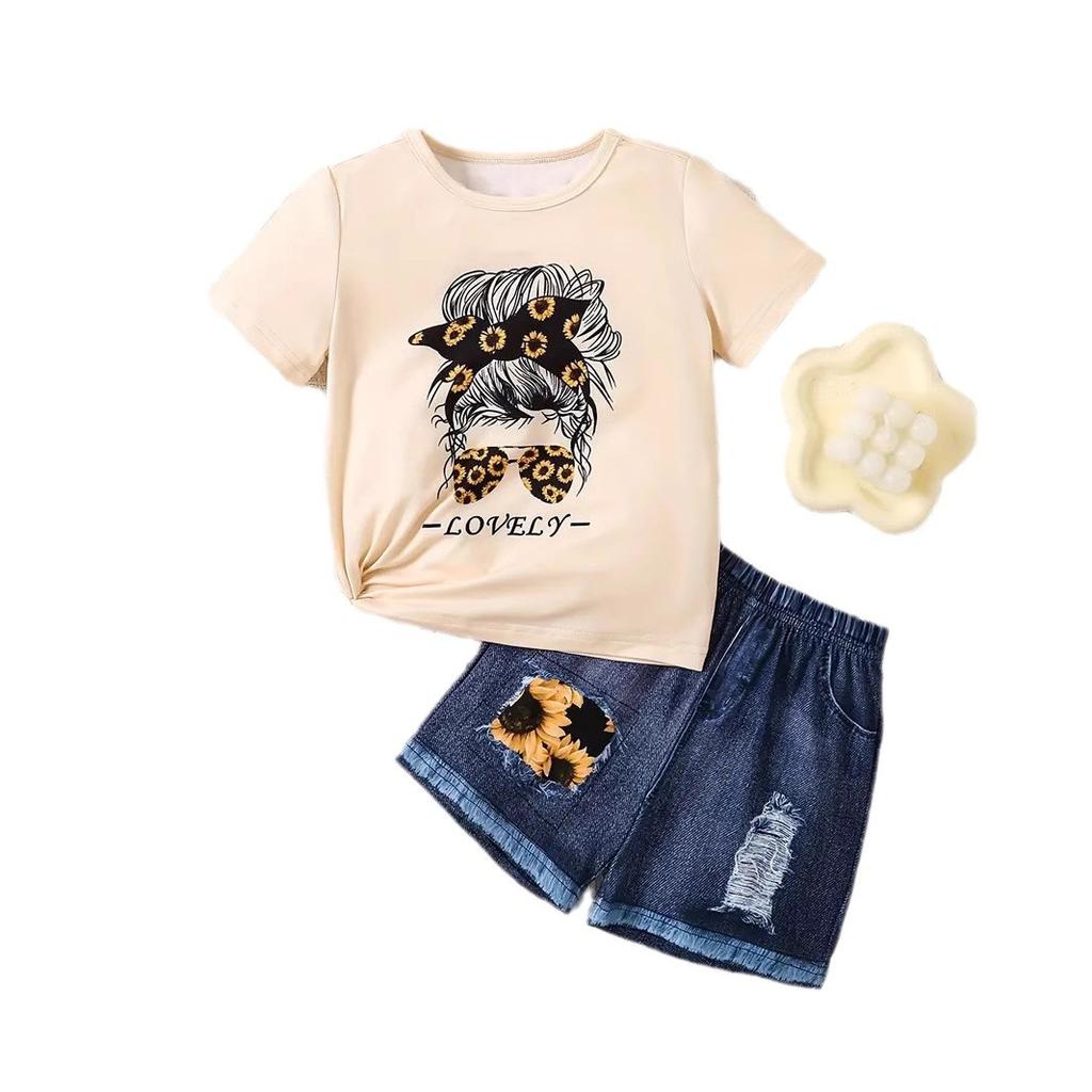Girls Summer Cartoon Print Suit Without Pockets Fake Denim Shorts T-shirt Top Two-piece Set