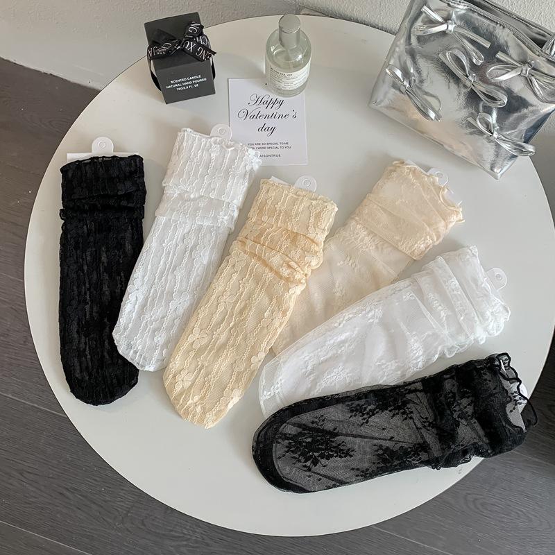 White Lace Socks for Women, Mary Jane Small Leather Shoes, Mid-calf Socks, Mesh Lace, Summer Pile Socks, Summer Thin Style