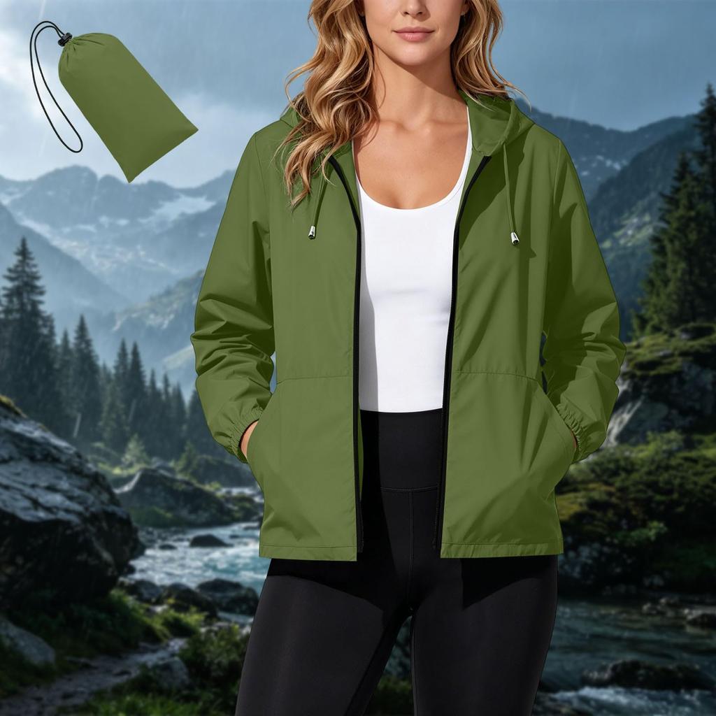 Women's Waterproof Windproof Hooded Jacket Lightweight Packable Outdoor Raincoat with Zipper Pockets and Adjustable Drawstring Hood