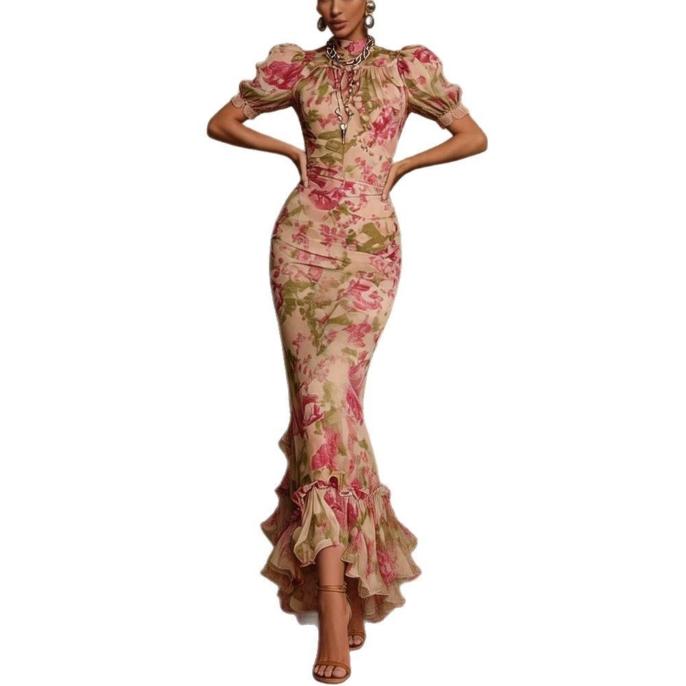 European and American summer printing temperament elegant bubble sleeve floral dress slim irregular fake dress