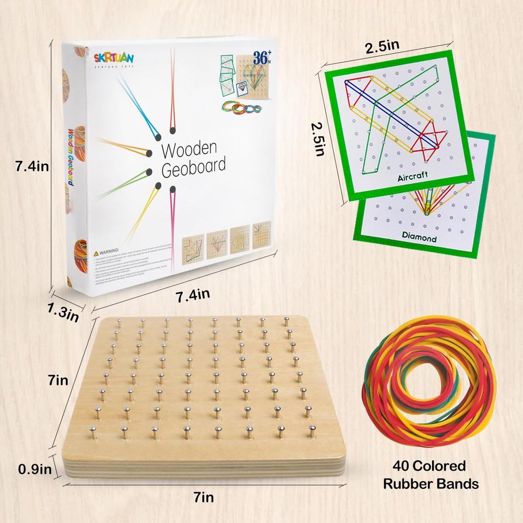 Wooden Geoboard with Rubber Bands, Graphical Math Pattern Blocks Geoboard - Montessori Educational Toy with Pattern Cards and Rubber Bands for Shape
