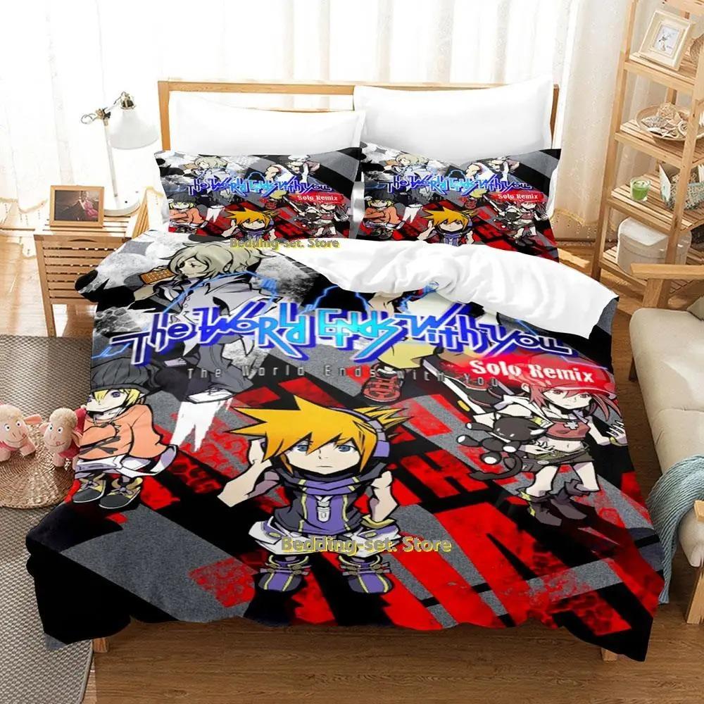 The World Ends With You Sakuraba Neku Bedding Set Cartoon Anime Three-piece Set Adult Kid Bedroom Duvetcover Sets 3D Kawaii Cool
