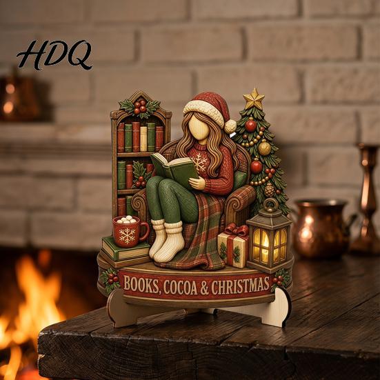 Reading Figure Ornaments 2D Flat Wooden Christmas Tabletop Sign Gnome Nutcracker Snowman Santa Claus Unique Gifts for Readers Gingerbread Man