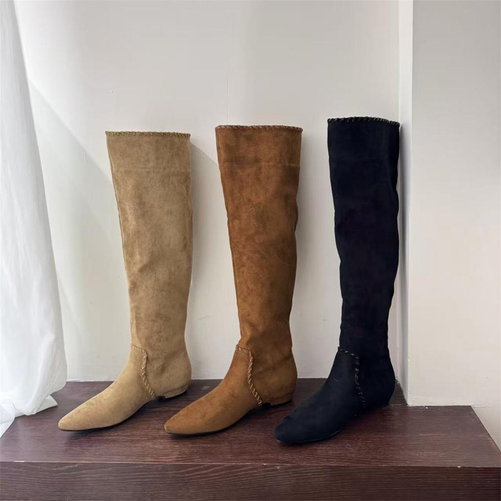 Thick Heel Pointed Brown Pile Boots Women's Boots 2025 New Autumn and Winter Suede Thin Boots Long Knight Boots