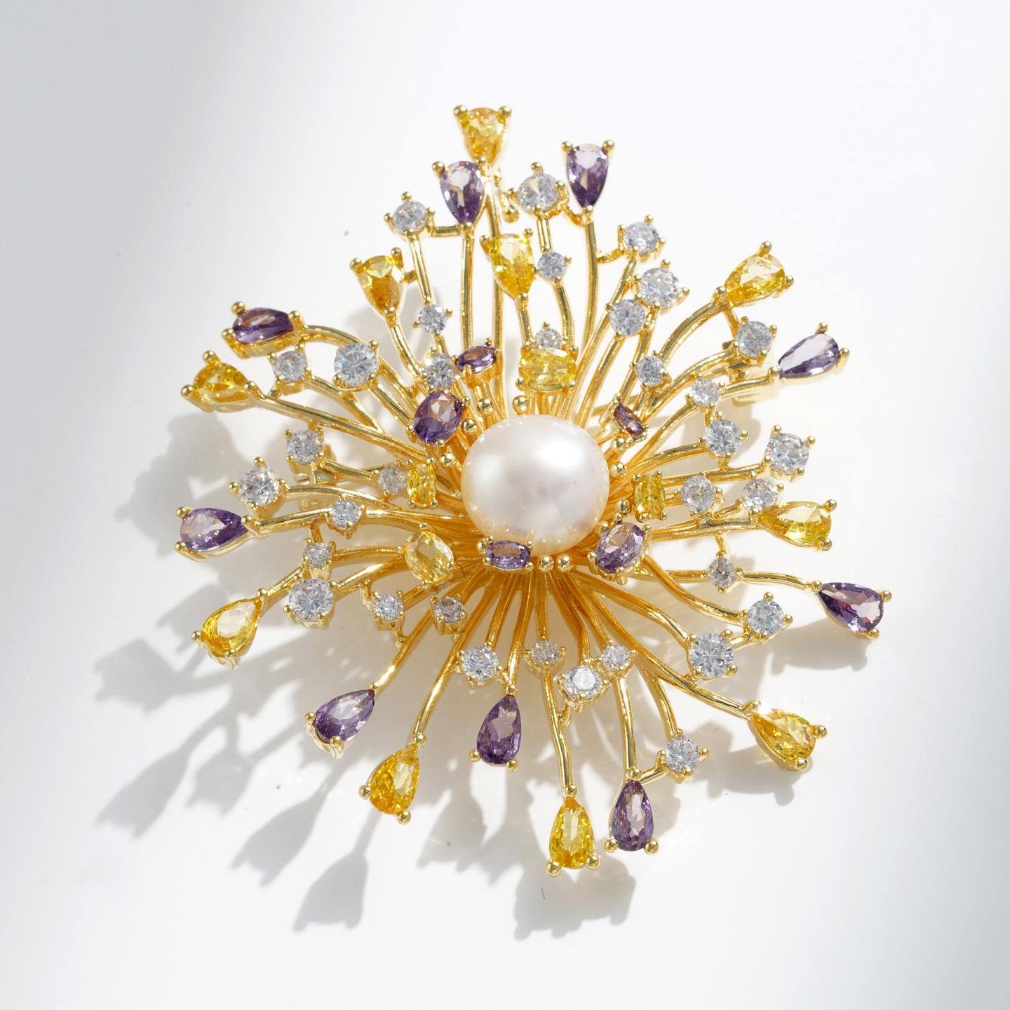 Bo Xin Yun Copper Zircon Freshwater Pearl Fireworks Flower Brooch