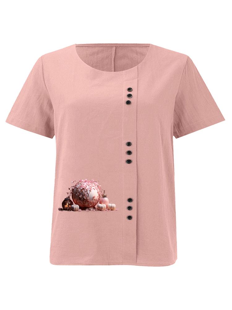 

Women s Fashion Pink Vase Print Casual Cotton Linen Short Sleeve Round Neck T-shirt Shirt Leisure Loose Summer Blouse Tops S