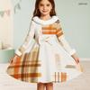 Girls Furry Collar Long Sleeve Patchwork Plaid Printed A Line Flared Dress