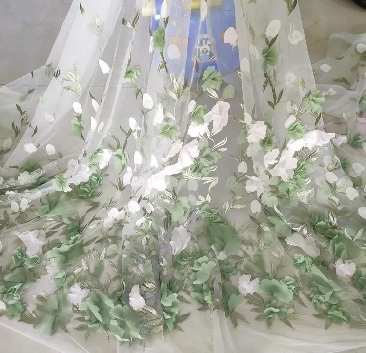 Iluzoryczna Kolorowa Siatkowa Tkanina Szyfonowa Haft z Trójwymiarowymi Kwiatami Koronka Oryginalna Tkanina Suknia Ślubna Dół Spódnicy