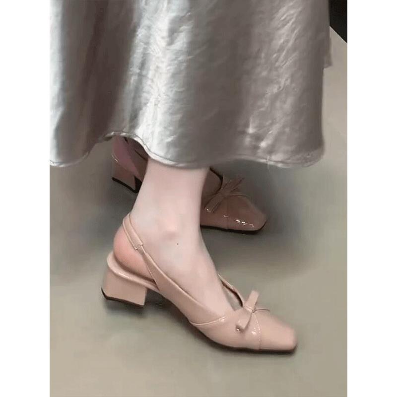 French Evening Breeze Gentle Bow Square Head Bag Head Sandals Women's Summer Outer Wear Empty Short Heel Thick Heel