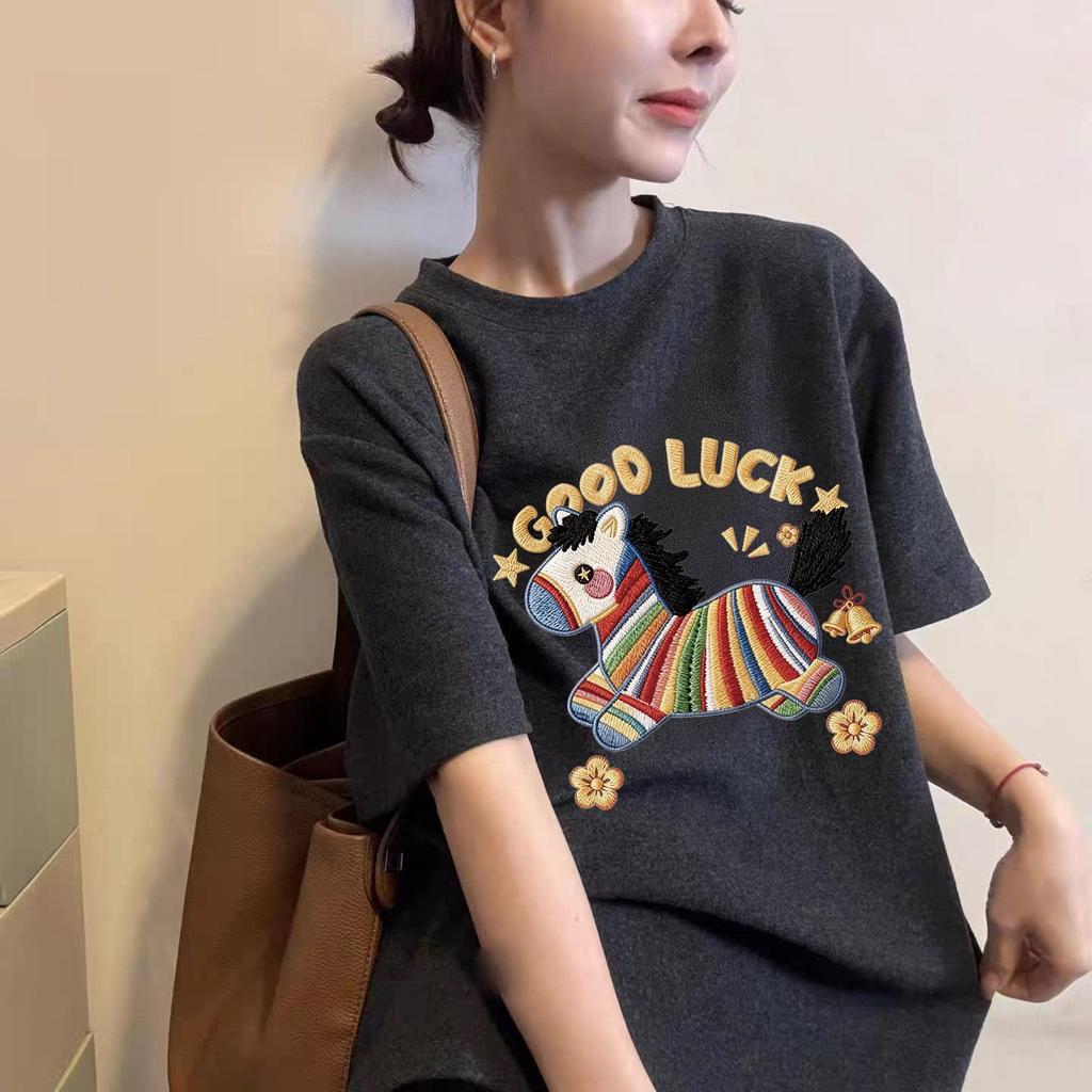 Korean Retro Horse Print Short Sleeve Women's T-Shirt, New 2026 Round Neck Trendy Top