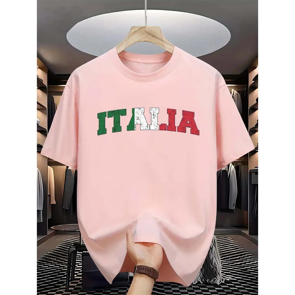 Summer Men's 100% Pure Cotton Fashionable Casual Loose Italian Letter Printed Sporty Round-neck Short-sleeved T-shirt Top