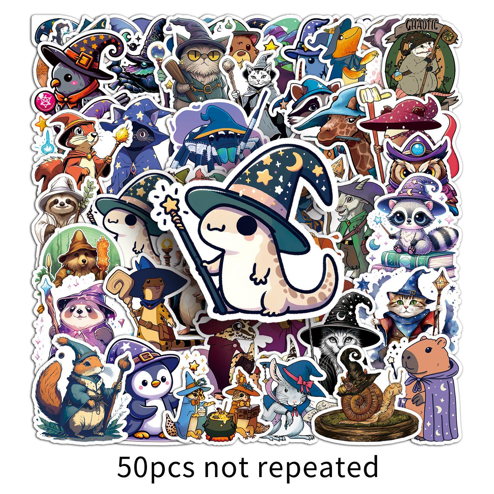 50 Animal Wizard Doodle Stickers: Creative Magic Decor for Phone Cases, Water Bottles, Suitcases.