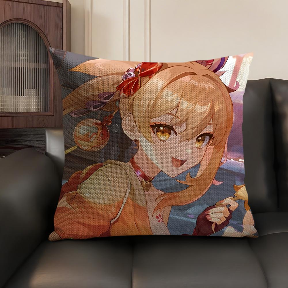 Yoimiya Genshin Impact Cute Cushion Cover Natural Linen Organic Fabric DoubleSided Printing Sofa Home Decor Gift Pillow Case