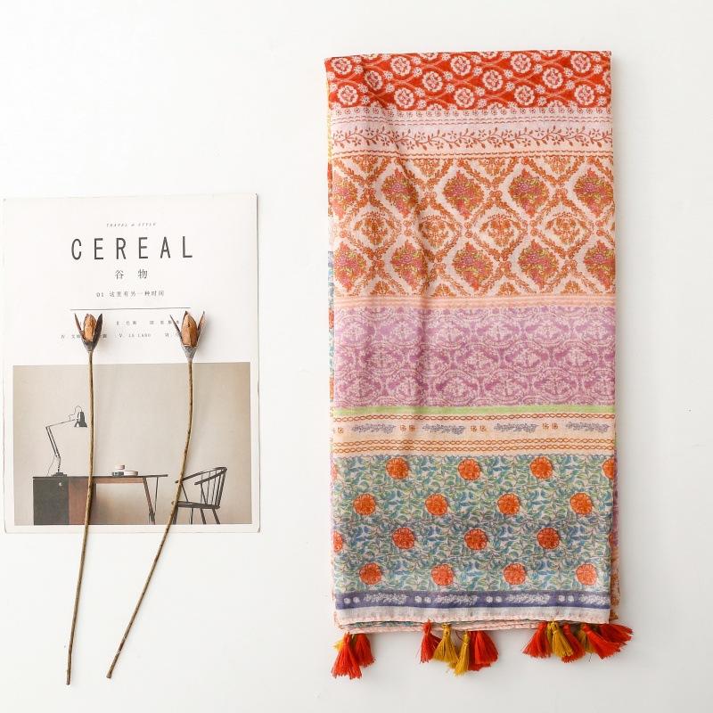 Floral Boho Scarf with Tassels - Breathable Viscose, Lightweight Beach Shawl In Red, Pink, Yellow & Green, Perfect for Spring & Summer