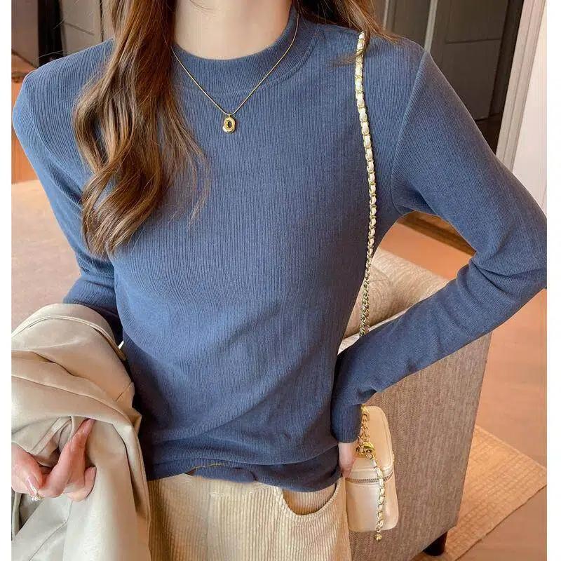 Autumn Winter Slim Casual Fashion Half High Collar Sweater Women Solid Color All-match Bottomed Knitting Tops