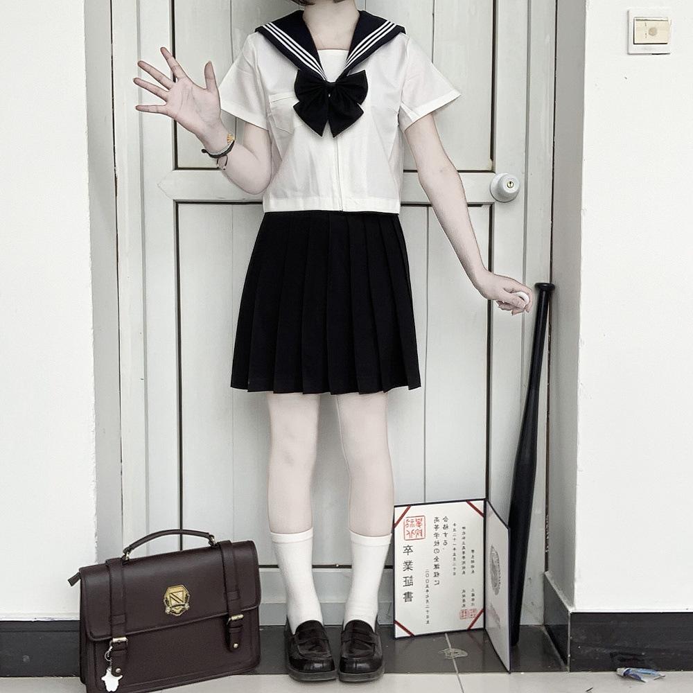 JK Sailor Suit: Black-Collared Off-White Pleated Skirt Set - Three-Piece Basic Style for Spring/Summer