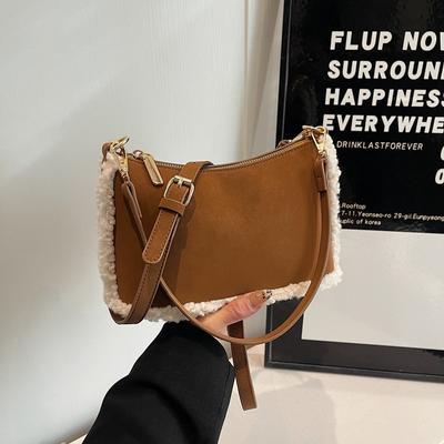 Vintage Matte Shoulder Bag Women'S Winter Lamb Wool Splicing Underarm Bag Versatile Commuter Messenger Bag