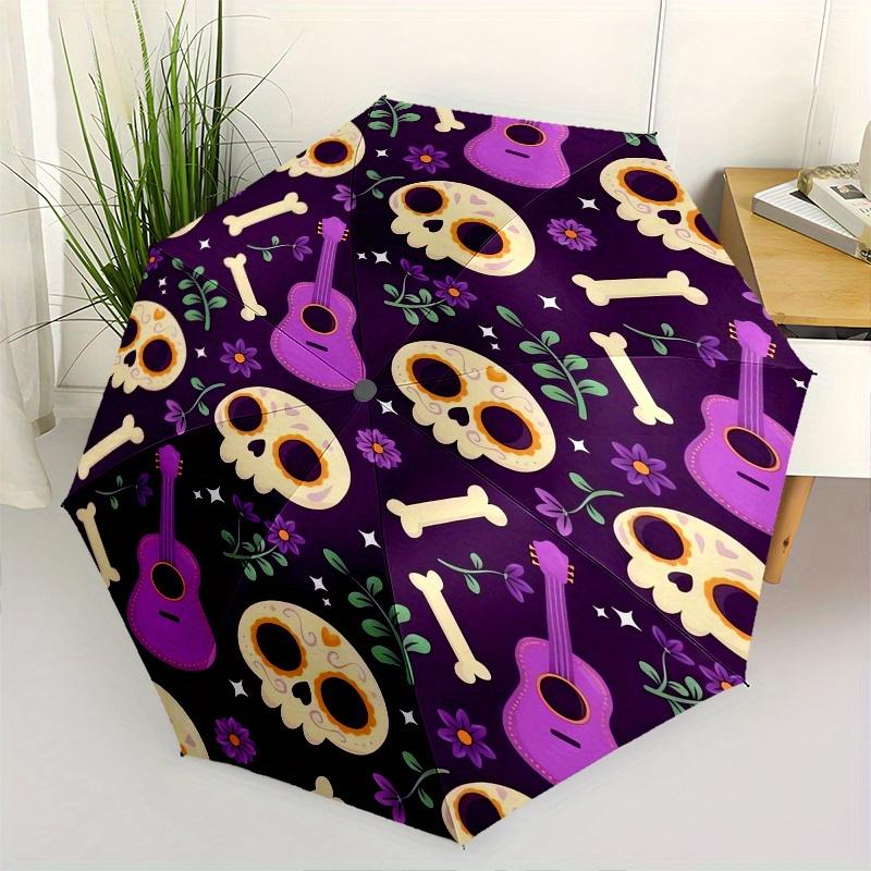 

1pc Skulls,Guitars Automatic Folding Umbrella: Compact 8 Bone Design Cartoon Outdoor Travel Companion, Business Umbrella, Christmas Valentin