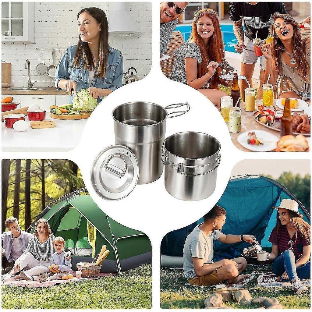 Camping Kochgeschirr Edelstahl Kochset Rucksack-Kit Kompaktes Faltbares Design Hitzebeständiger Griff Silber