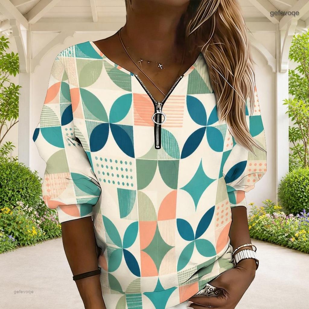 Women Plus Size Abstract Printed V Neck Front Zip Long Sleeve Sweatshirt With Ribbed Cuffs