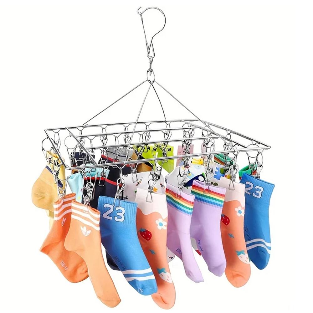 Wäscheständer aus Edelstahl mit Klammern - Platzsparende Aufbewahrung, Winddichtes Schlossdesign, Langlebiger Kleider- und Sockenbügel -