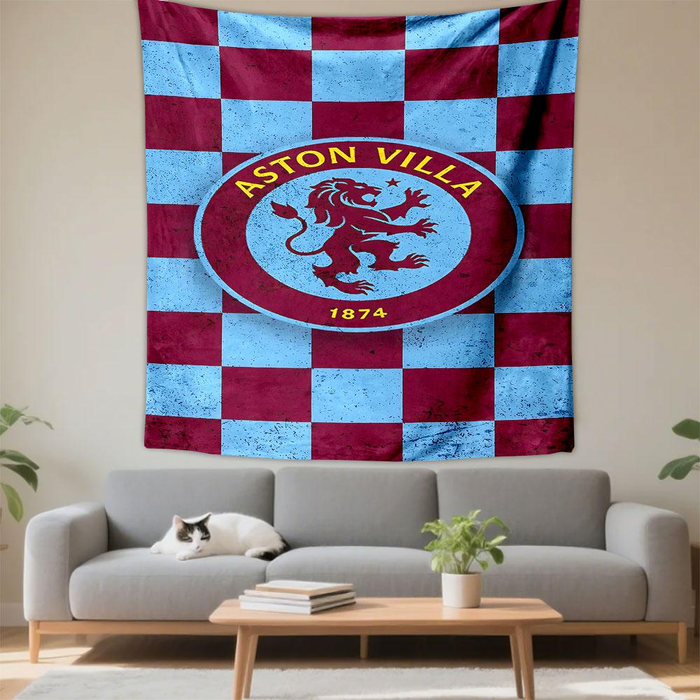 Aston Villa Football Club Oval Crest Wall Tapestry Lion Emblem Claret Light Blue Checkered Decor for Fan Bedroom Man Cave Gift