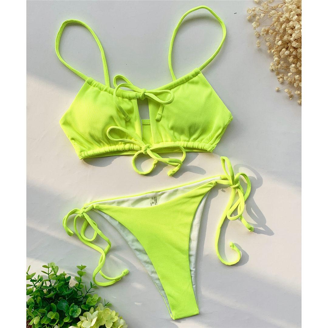 

fashion Sexy Lace Up Ribbed Brazilian Bikini Female Swimsuit Women Swimwear Two-pieces Bikini Set Bather Bathing Suit Swim L зелений