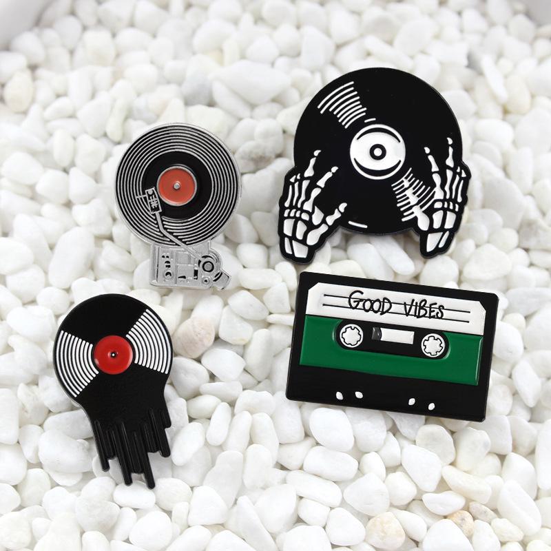 Retro Cassette Tape & Vinyl Record Skull Hand Enamel Pin Brooch