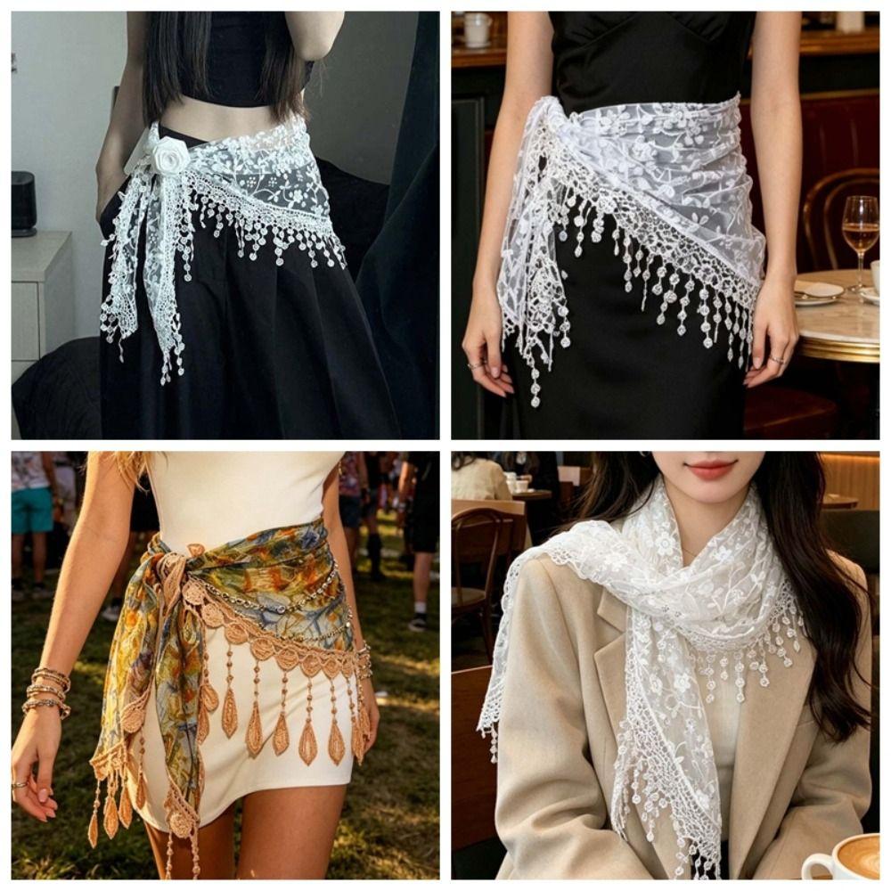 Mesh Texture Fringe Waist Belt Floral Patterns Versatile Scarf Ornament  Fashion Forward Women