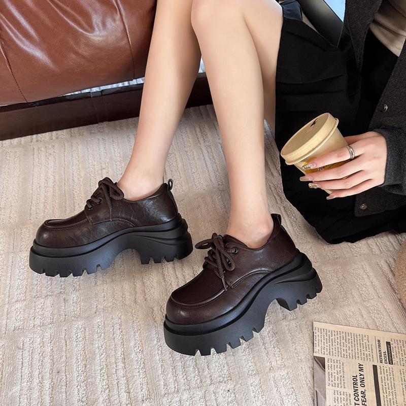 Platform Small Leather Shoes Women's British Style Autumn 2025 New French Single Shoes Heightening Lace-up Muffin Loafers