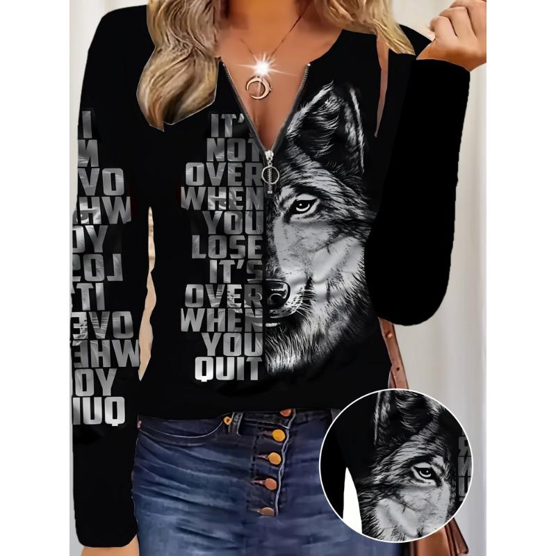 Long Sleeve Zip T-Shirt Pullover Animal Print Letter Wolf Pattern Women's Top