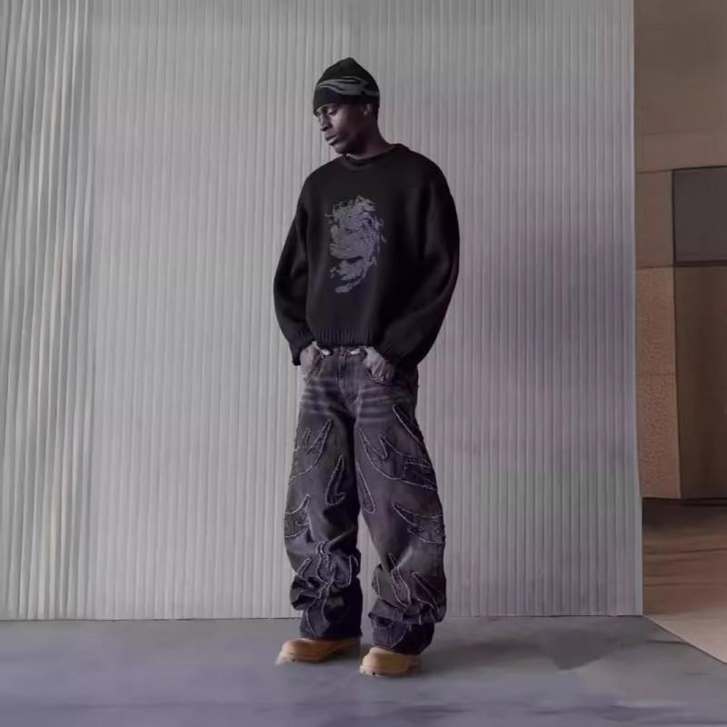 Mens Vintage Streetwear Straight Fit Denim Jeans With Embroidery Gradient Wash Mid-Rise Casual Slim Trousers