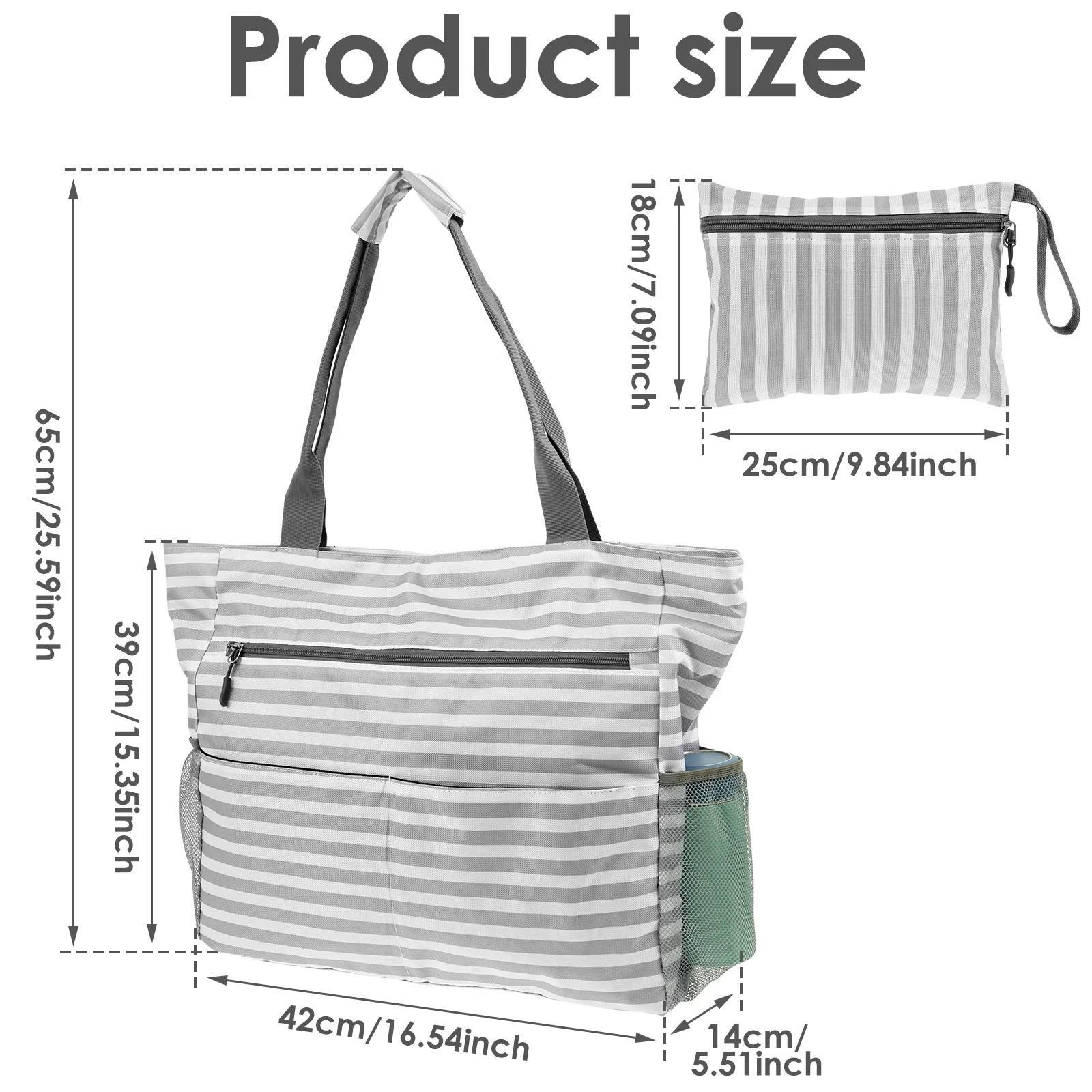 

Beach Tote Bag Striped Zipper Outer Bag with Multiple Pockets Portable Travel Storage Bag for Outdoor Shopping Swimming Vacation