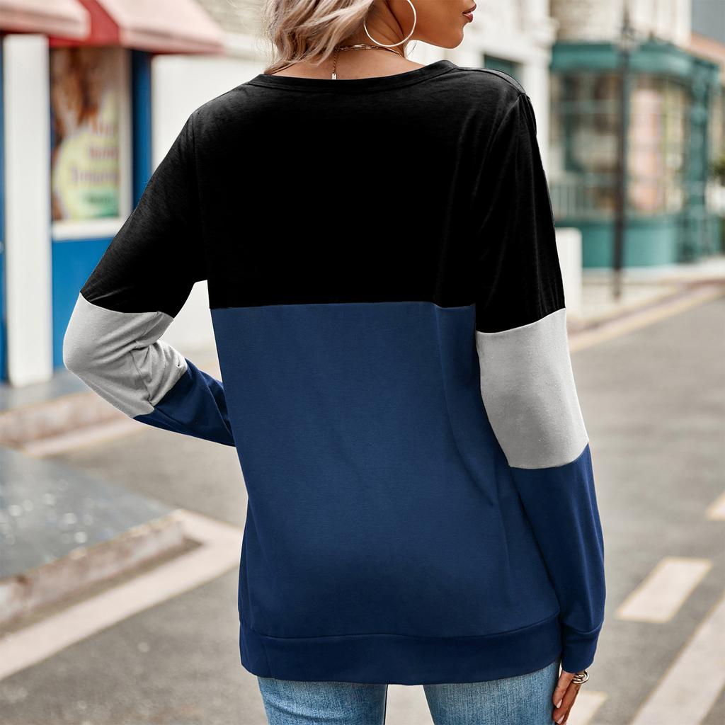 Ladies' Fashionable And Comfortable Color Blocked Hollow Out Low Round Neck Loose Long Sleeved Top
