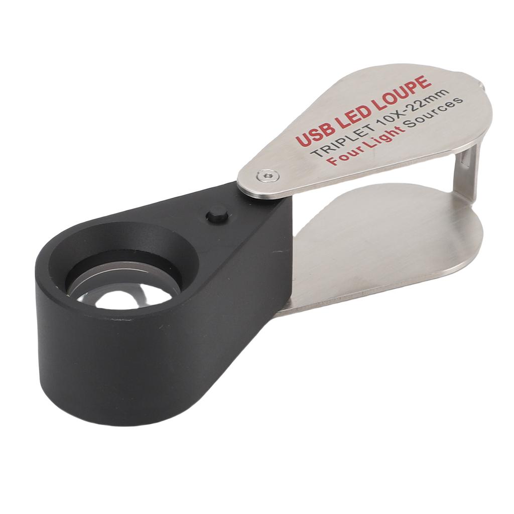 Juwelierslupe 10X Silber Tragbar Wiederaufladbar 4 Lichtmodi K9 Glas Faltbare Lupe