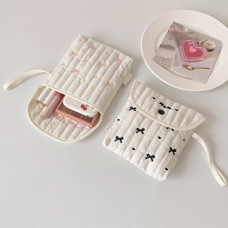Stylish Cotton Polyester Period Essential Bag With Decorative Bows Design Compact Cosmetic Organizer For Women Girls