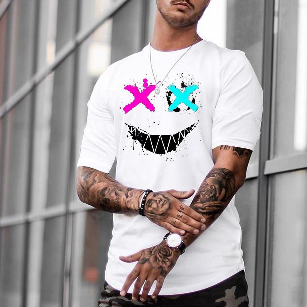 Men's Edgy X-Eye Face Splatter Graphic Short Sleeve Loose Fit Crew Neck T-Shirt