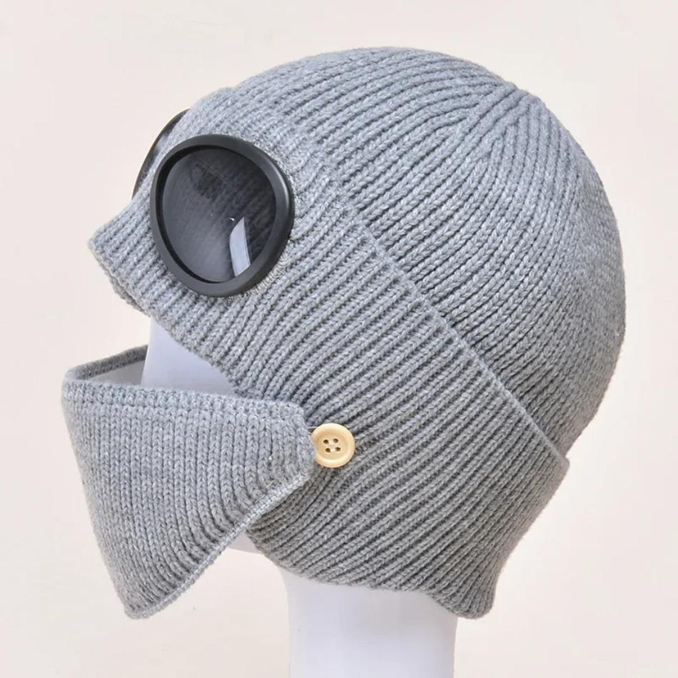 1 Pcs Autumn and Winter Warm Hat New Aviator Glasses Ear Protection Plus Velvet Warm Wool Knitted Hat with Mask New