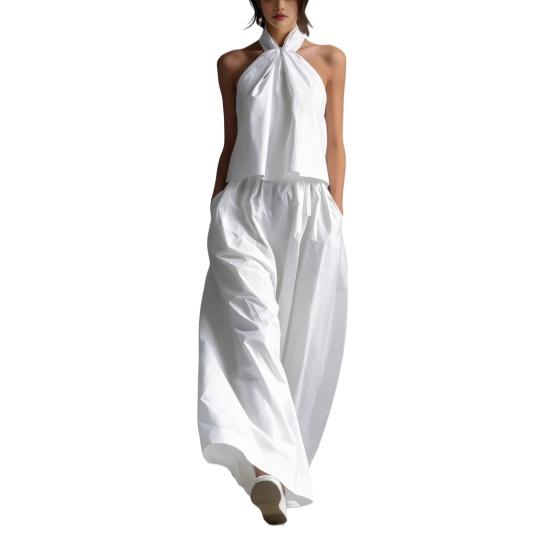 

Women s Summer 2 Piece Outfits Backless Halter Sleeveless Top And Wide Leg Pants Sets Casual Vacation Matching Lounge S білий